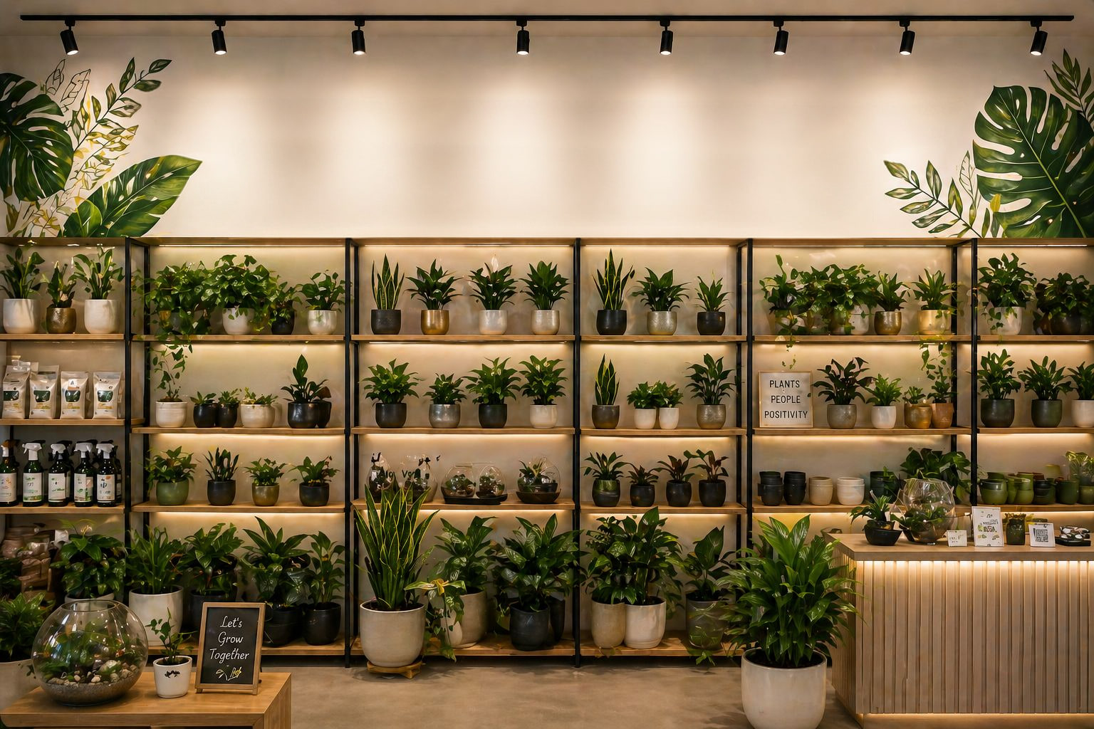Indoor plant shop interior with shelves of potted plants